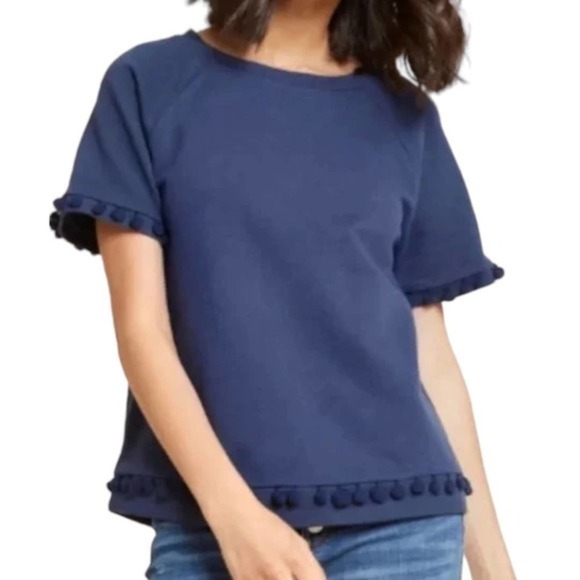 ModCloth Blue Cotton Pom Pom Blouse Sz M - Picture 1 of 8